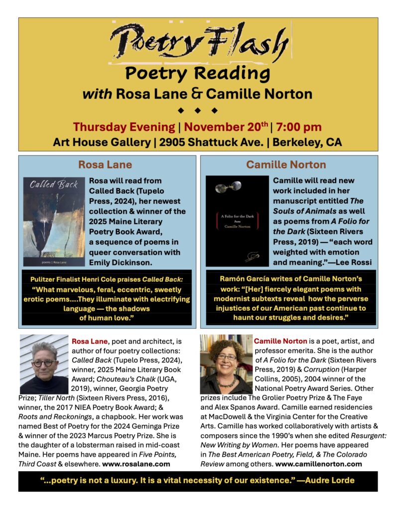 Flyer featuring authors reading at Nov 20 2025 Poetry Flash event